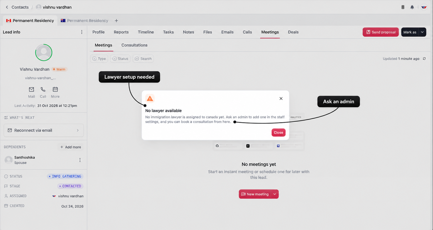 No lawyer available message with labels identifying the setup requirement and instruction to contact an admin