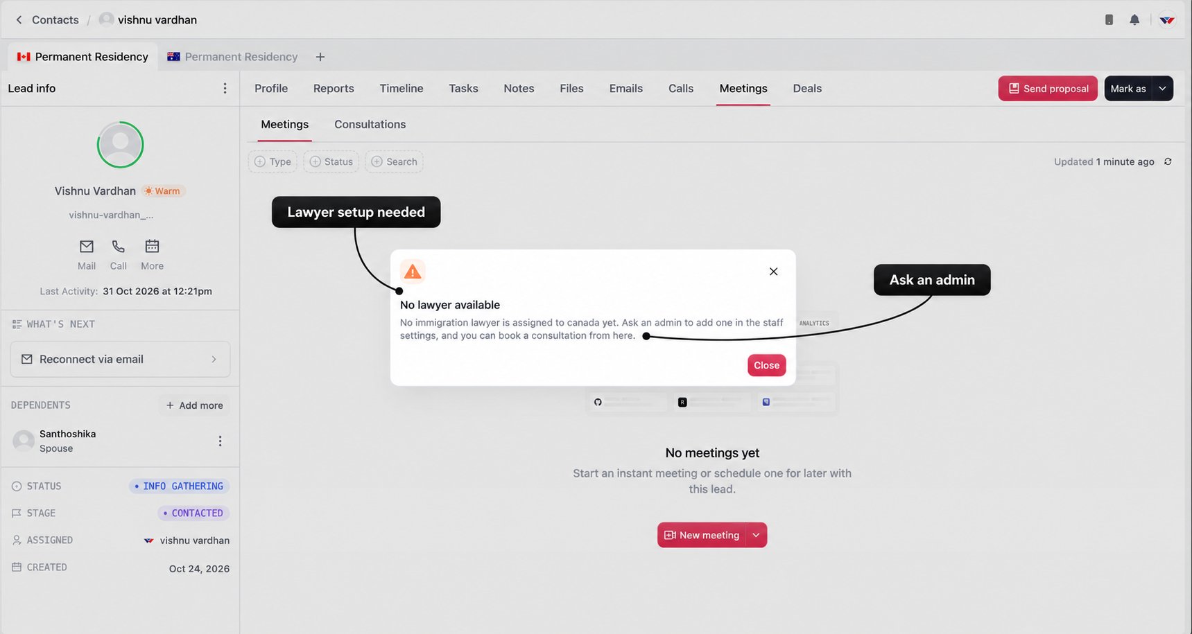 No lawyer available message with labels identifying the setup requirement and instruction to contact an admin