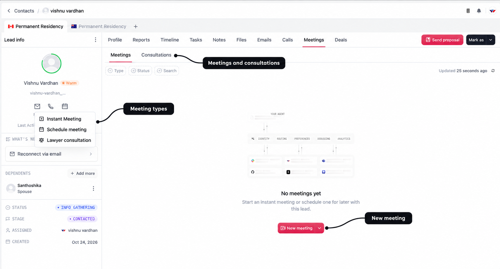 Meeting workspace with labelled meeting-type options, Meetings and Consultations tabs, and New meeting button