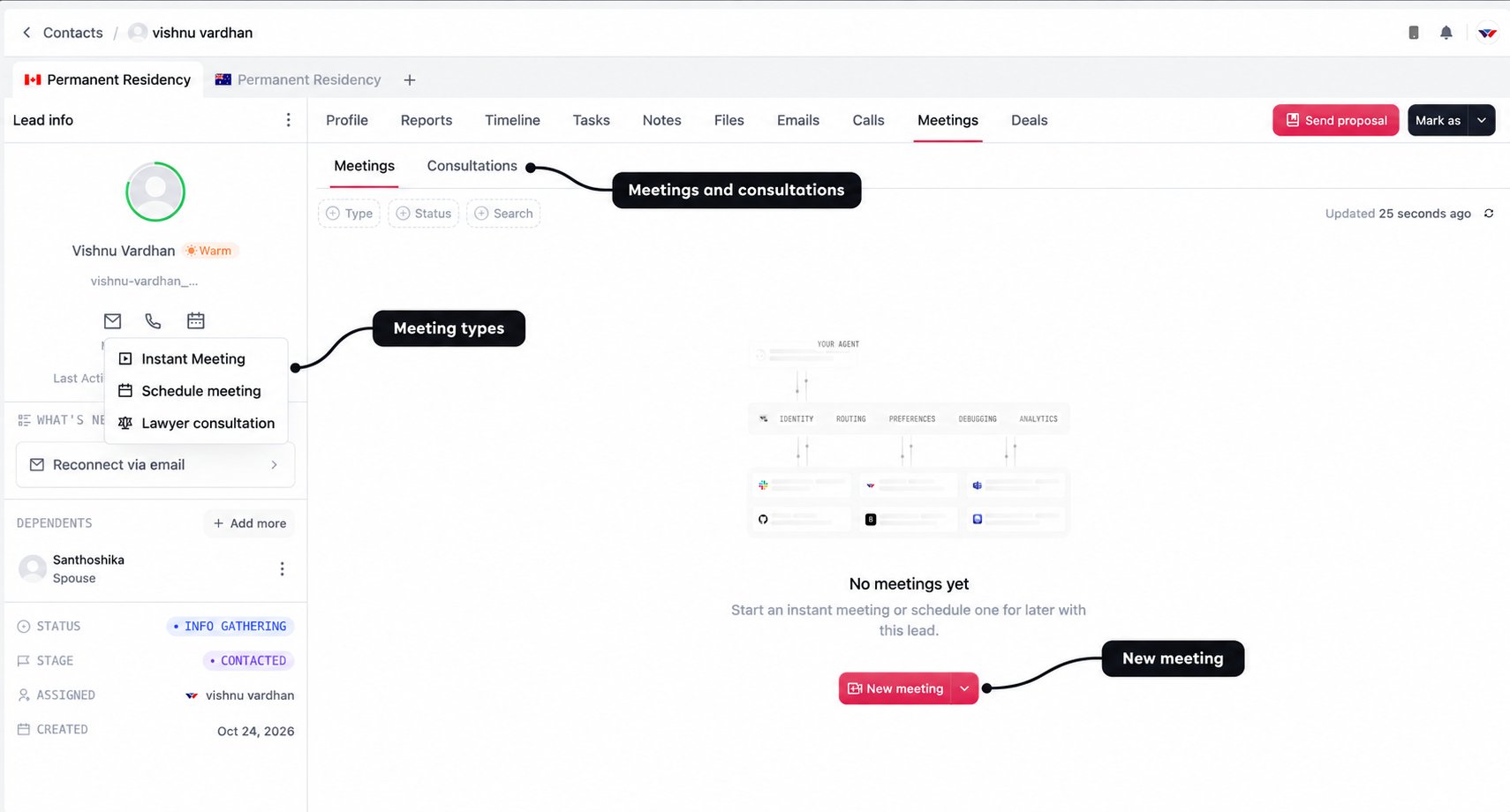 Meeting workspace with labelled meeting-type options, Meetings and Consultations tabs, and New meeting button