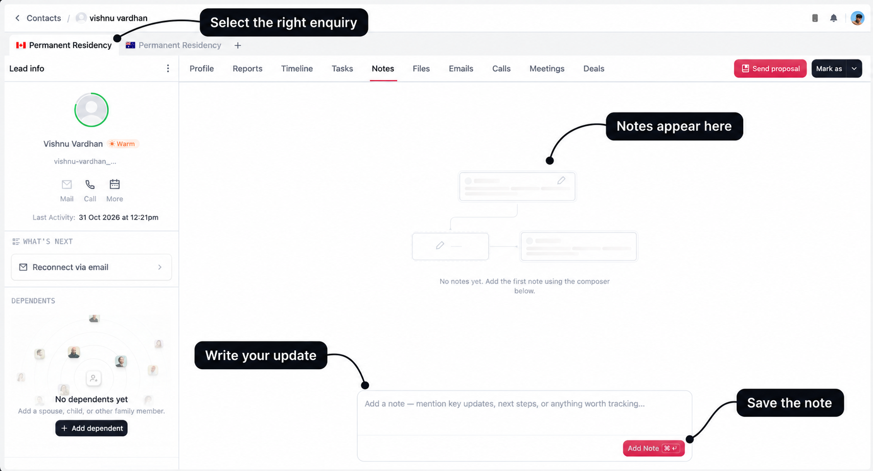 Notes tab with labelled enquiry selection, notes feed, composer, and Add Note button