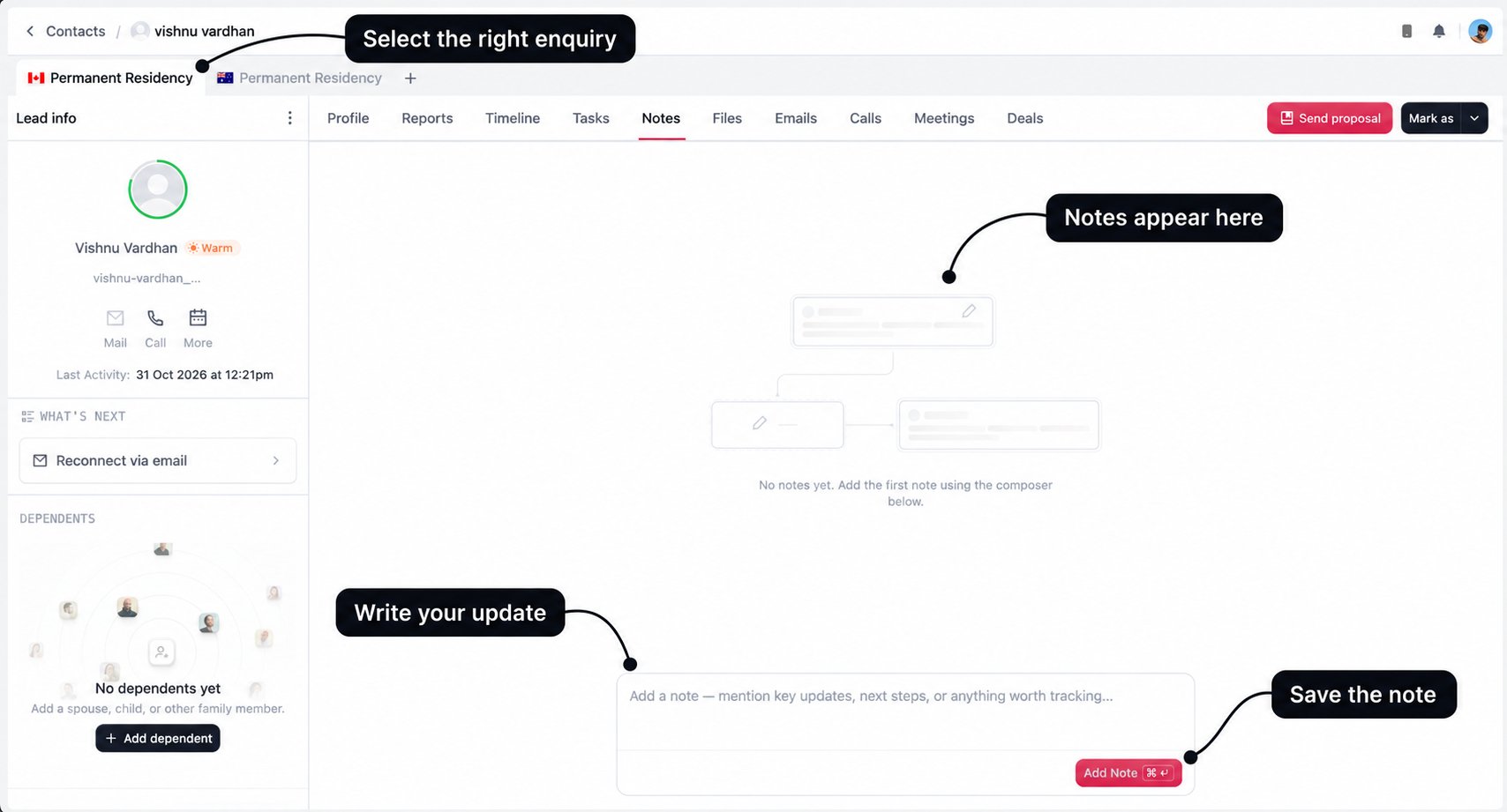 Notes tab with labelled enquiry selection, notes feed, composer, and Add Note button