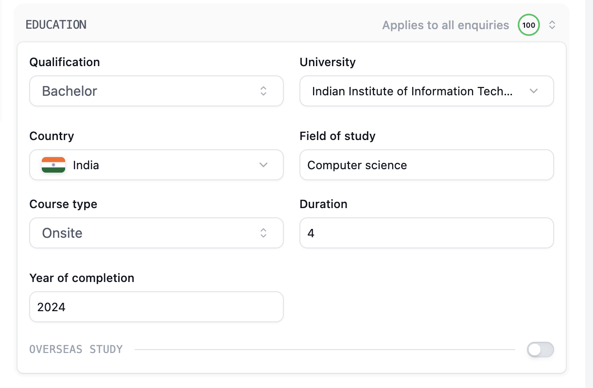 Education section showing qualification, university, country, course details, completion year, and the Overseas Study switch