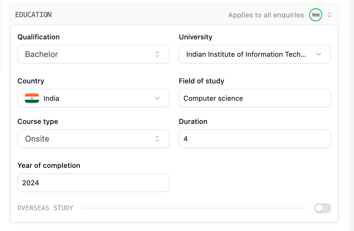 Education section showing qualification, university, country, course details, completion year, and the Overseas Study switch