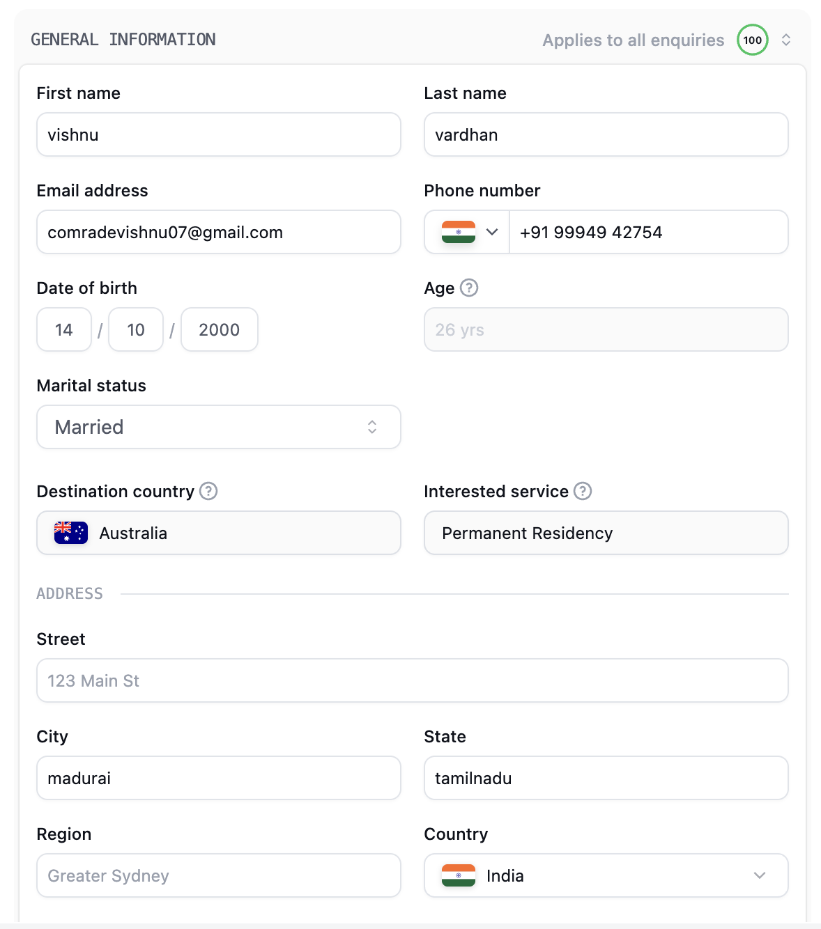 General Information section showing contact details, date of birth, marital status, enquiry service and destination, address, and the shared-section completion indicator