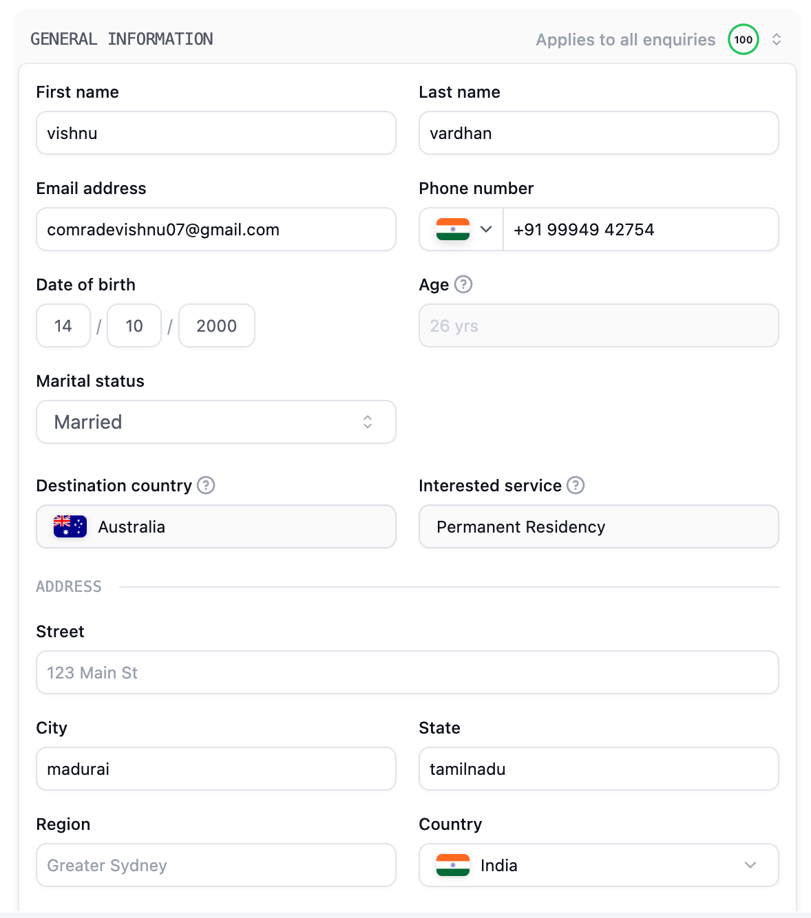 General Information section showing contact details, date of birth, marital status, enquiry service and destination, address, and the shared-section completion indicator