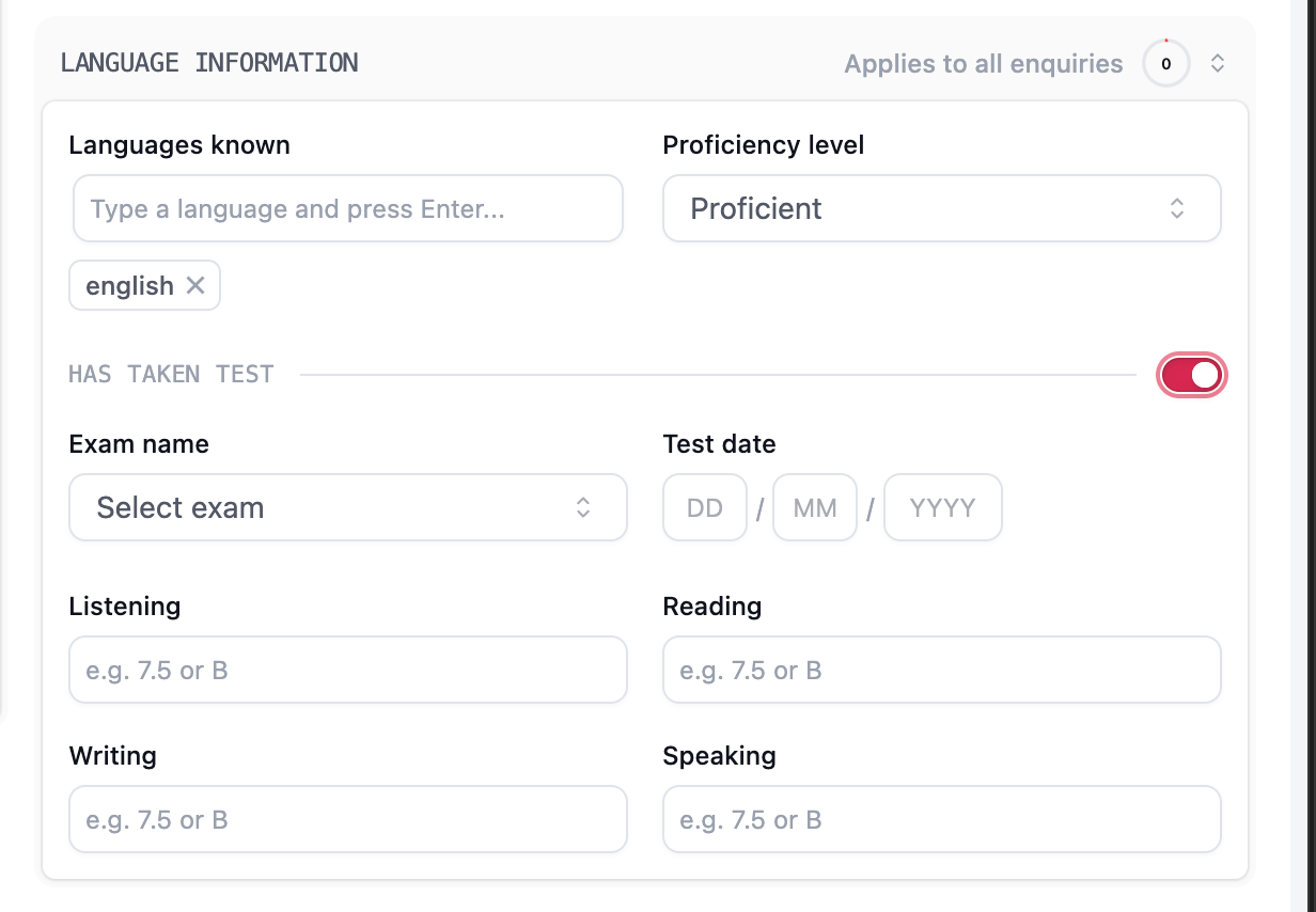 Language Information section with languages known, proficiency, and fields for the exam, test date, and four test scores