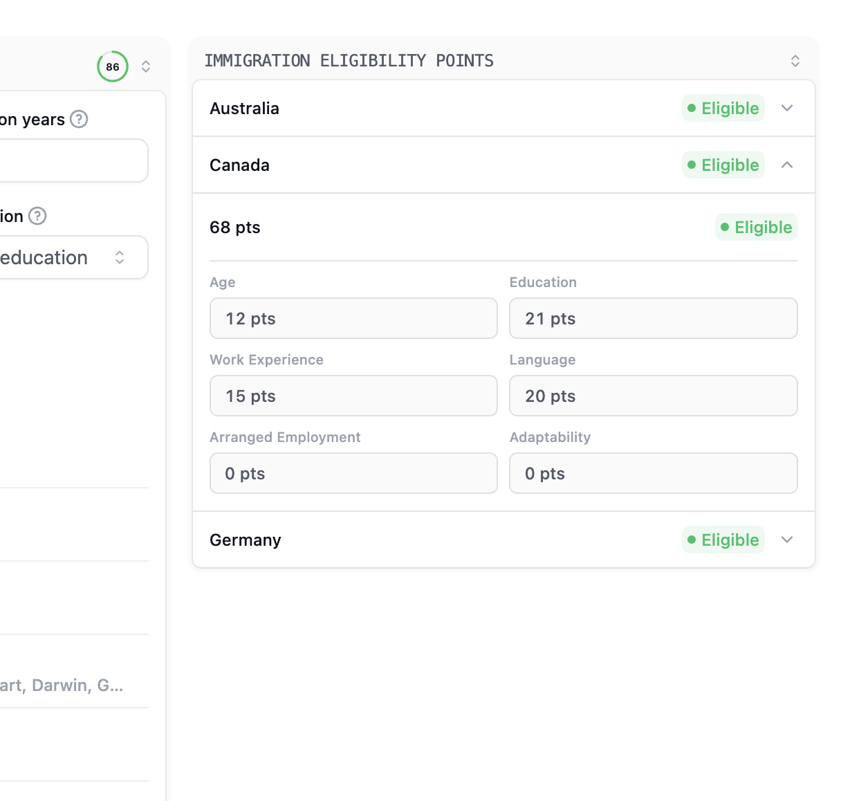 Canada eligibility example showing the total and points for each contributing factor