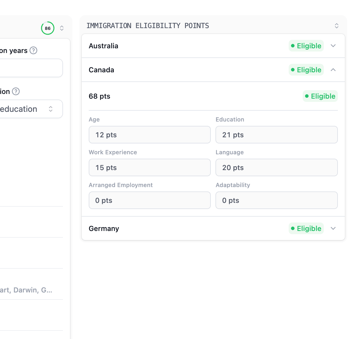 Canada eligibility example showing the total and points for each contributing factor