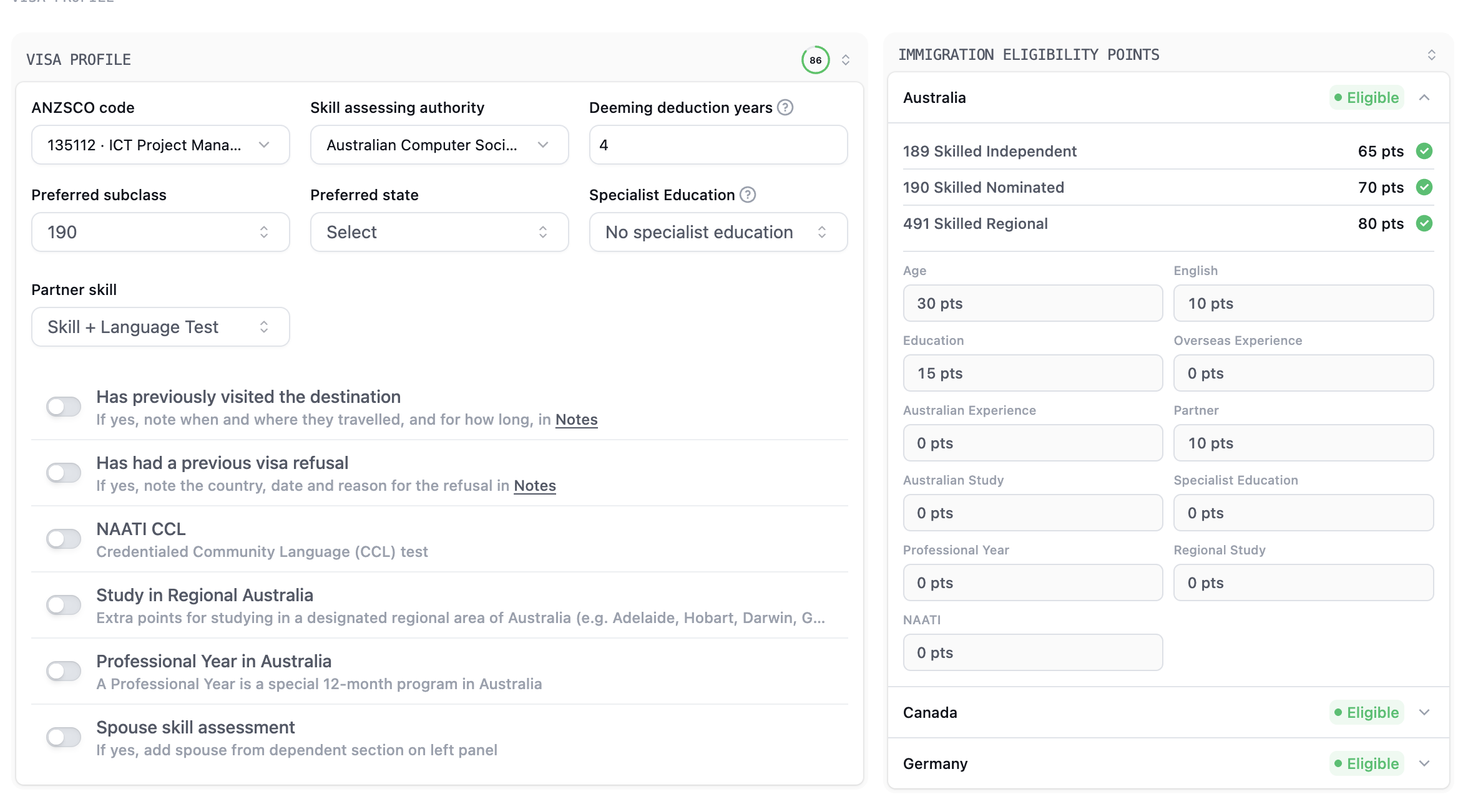 Australia Visa Profile with occupation, assessing authority, deeming deduction, subclass, state, partner information, and an eligibility points preview