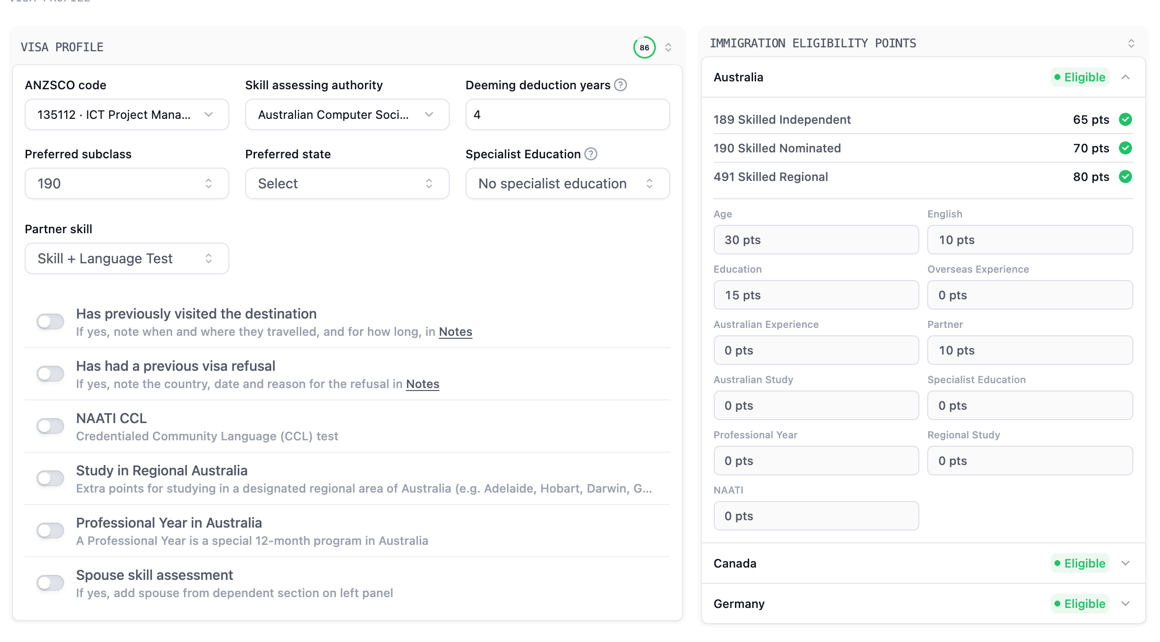 Australia Visa Profile with occupation, assessing authority, deeming deduction, subclass, state, partner information, and an eligibility points preview
