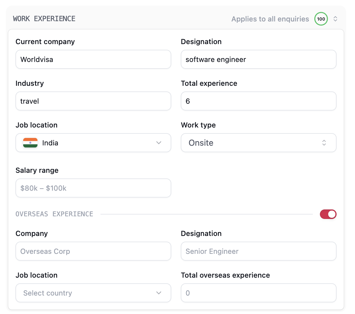 Work Experience section with current employment fields and the Overseas Experience switch enabled