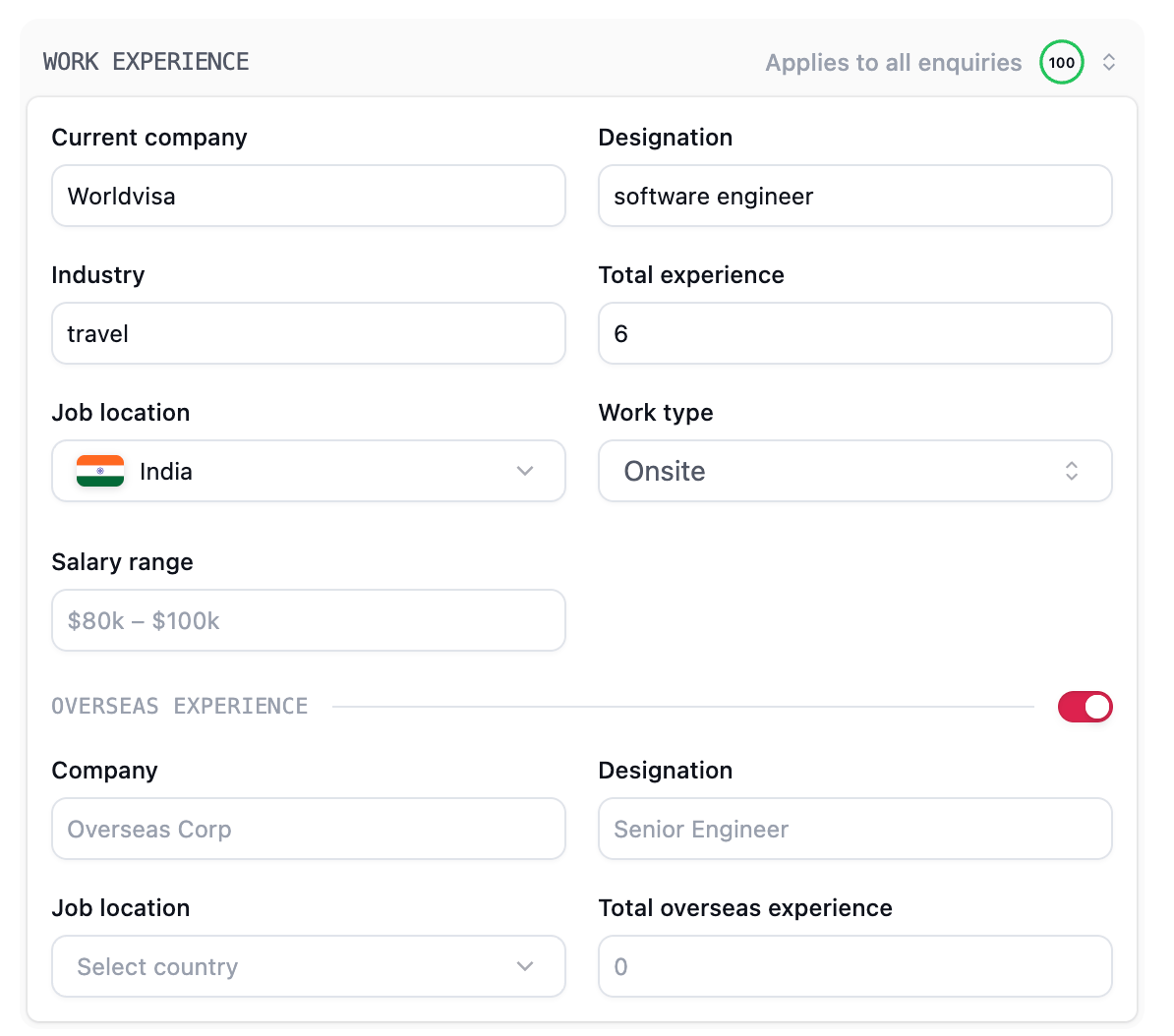 Work Experience section with current employment fields and the Overseas Experience switch enabled