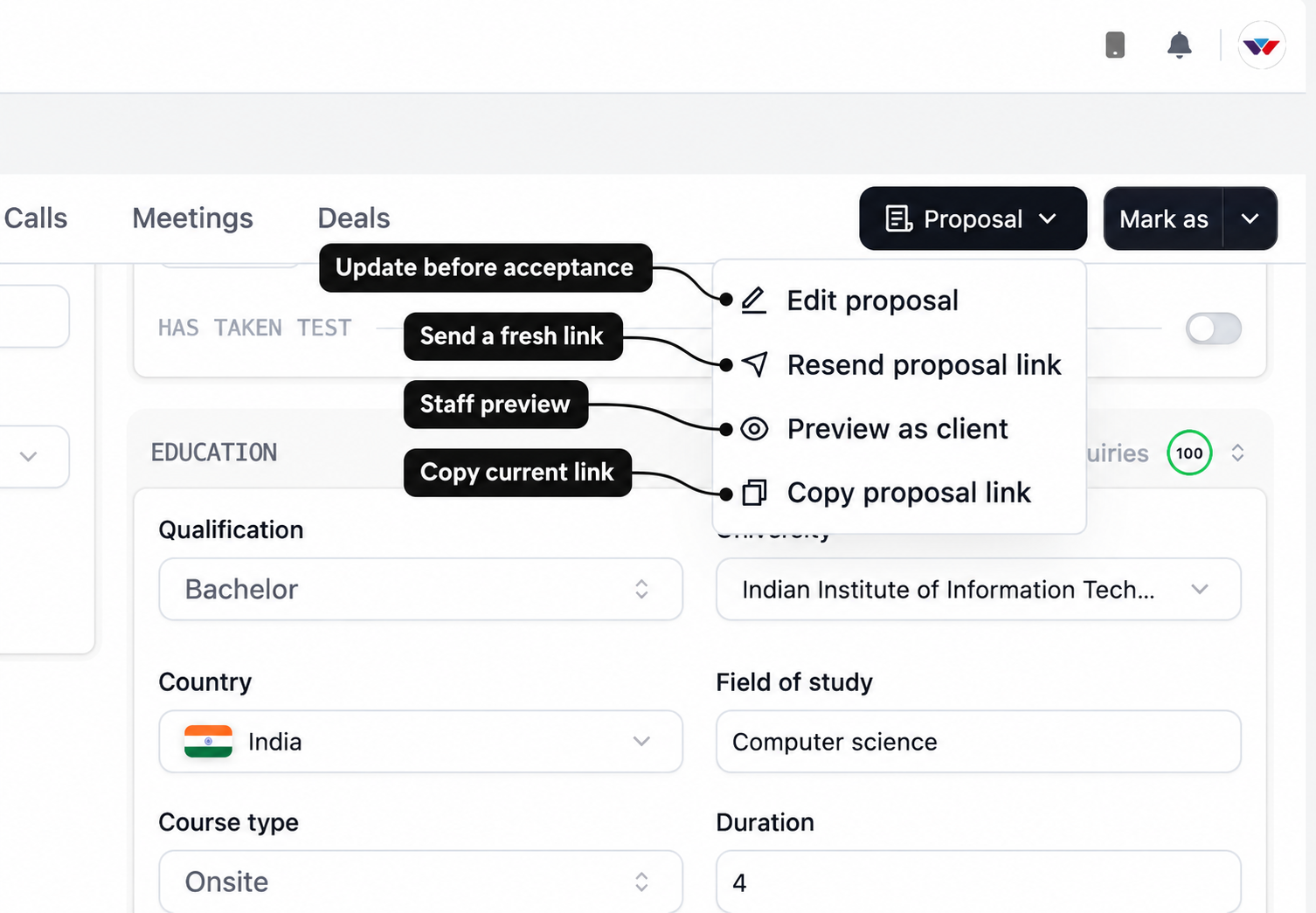 Proposal menu with labels for editing, sending a fresh link, staff preview, and copying the current link