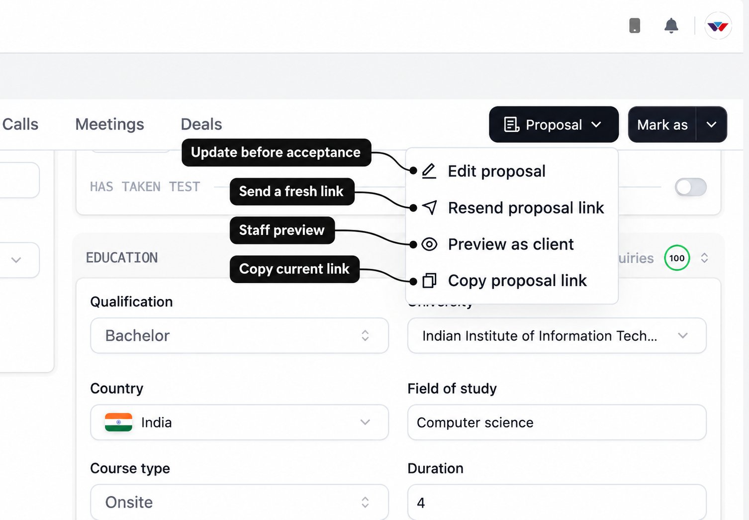 Proposal menu with labels for editing, sending a fresh link, staff preview, and copying the current link