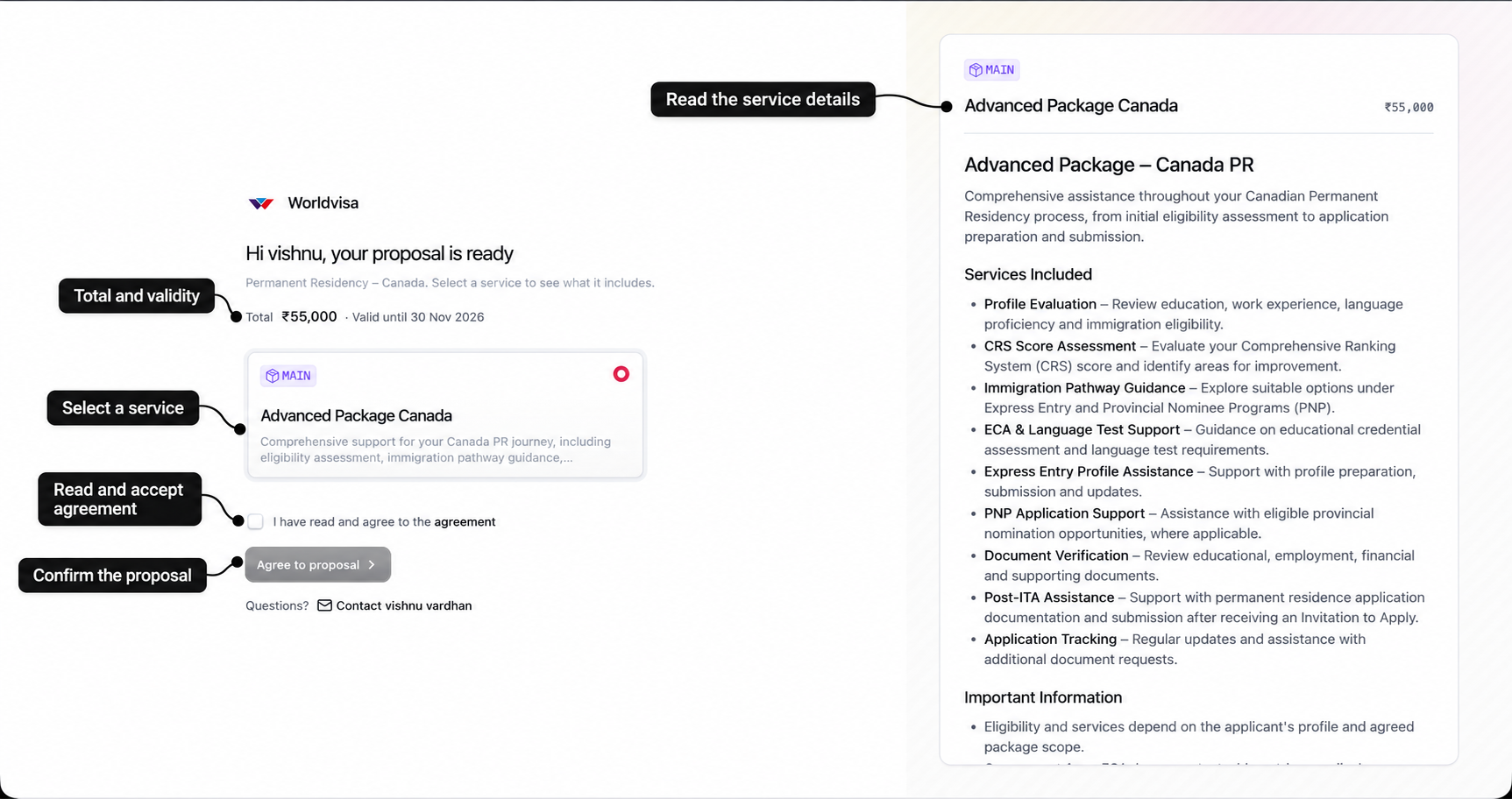 Client proposal page with labels for total and validity, service selection, service details, agreement, and confirmation