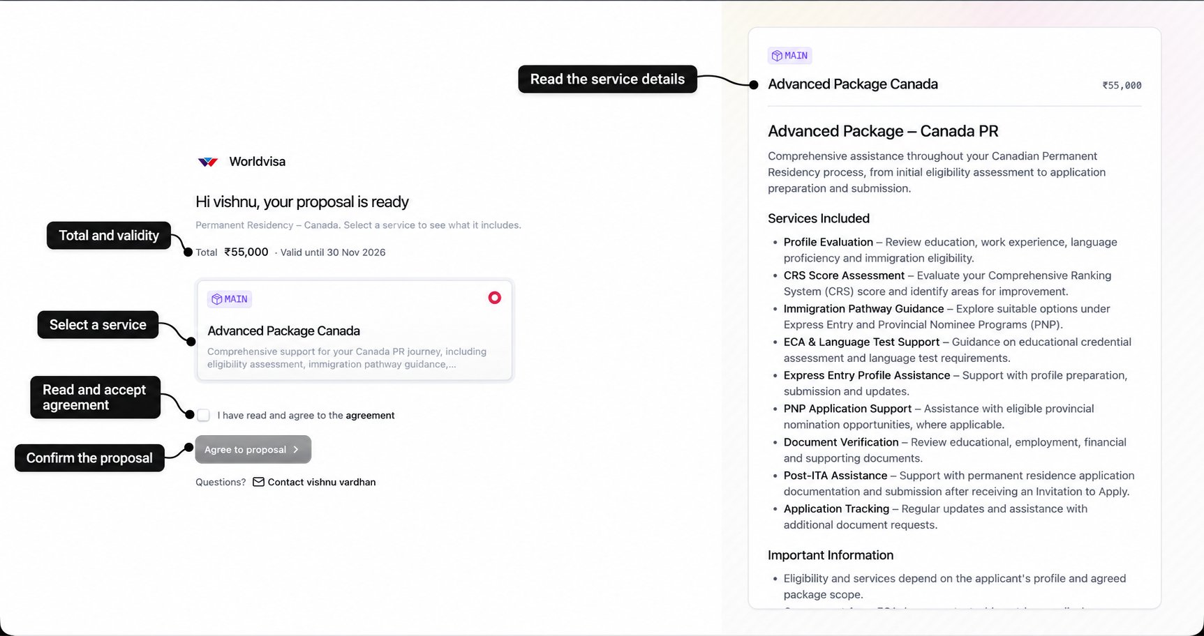 Client proposal page with labels for total and validity, service selection, service details, agreement, and confirmation
