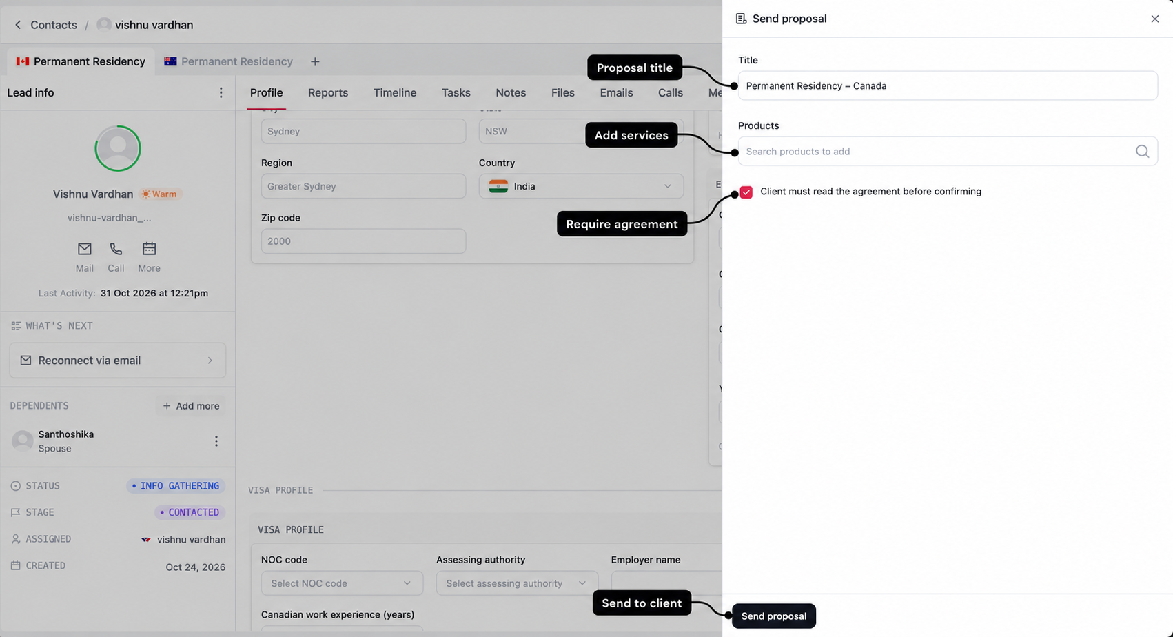 Send proposal drawer with labels for the title, service selector, agreement requirement, and send action