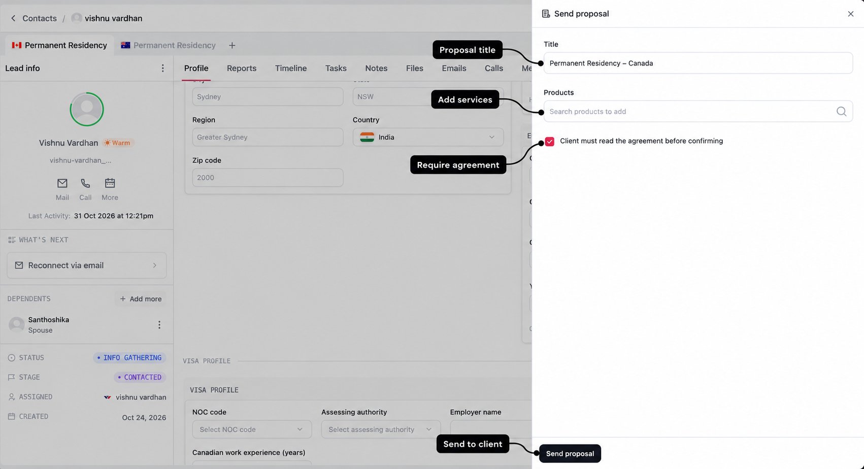 Send proposal drawer with labels for the title, service selector, agreement requirement, and send action