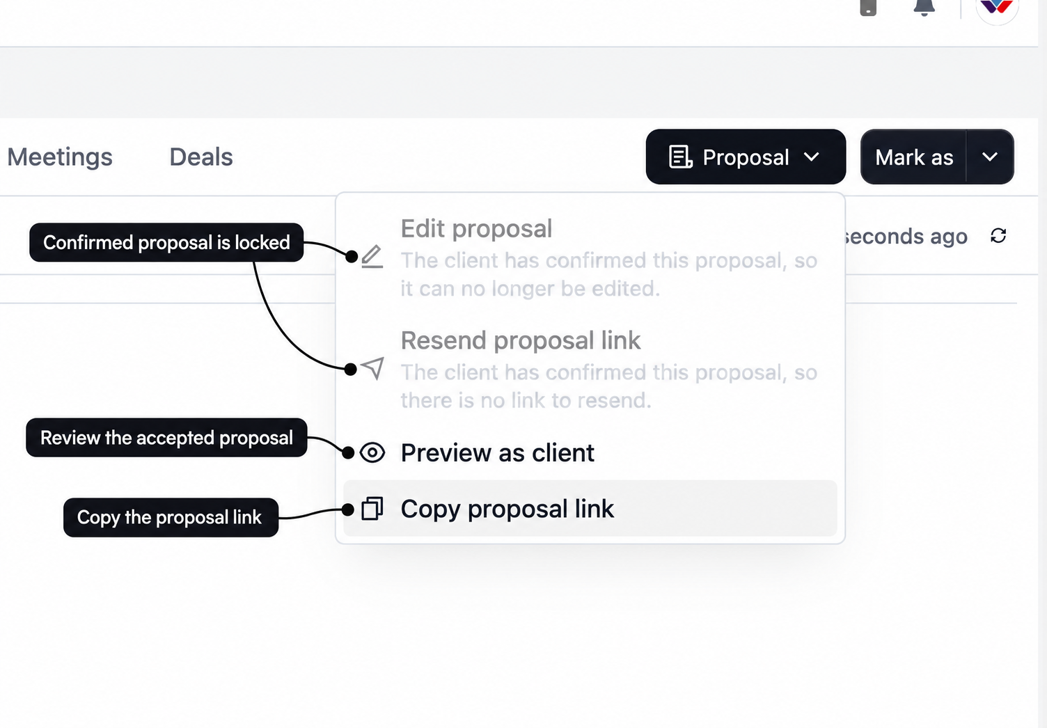 Confirmed proposal menu with labels showing locked edit and resend actions, preview, and copy link