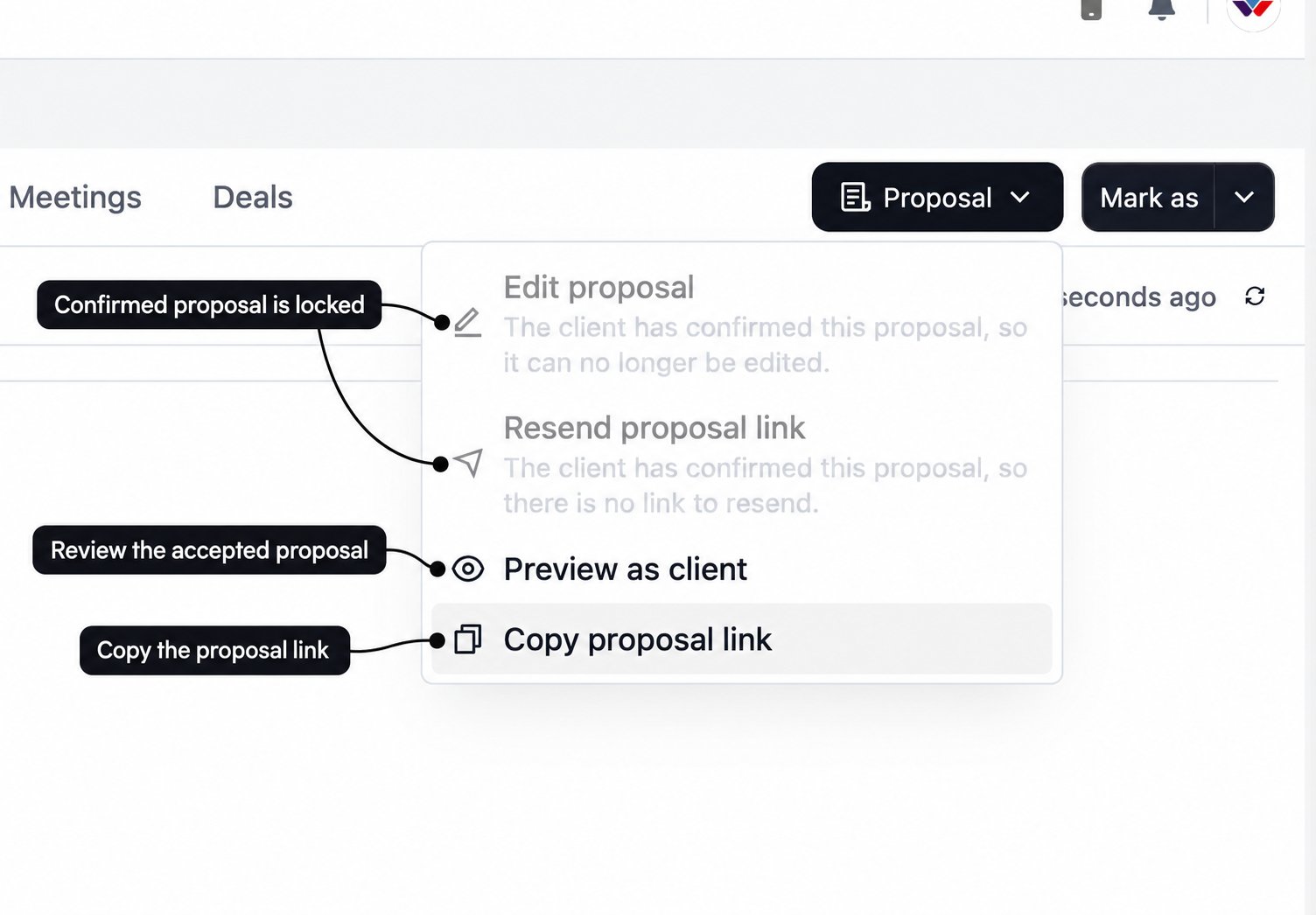 Confirmed proposal menu with labels showing locked edit and resend actions, preview, and copy link