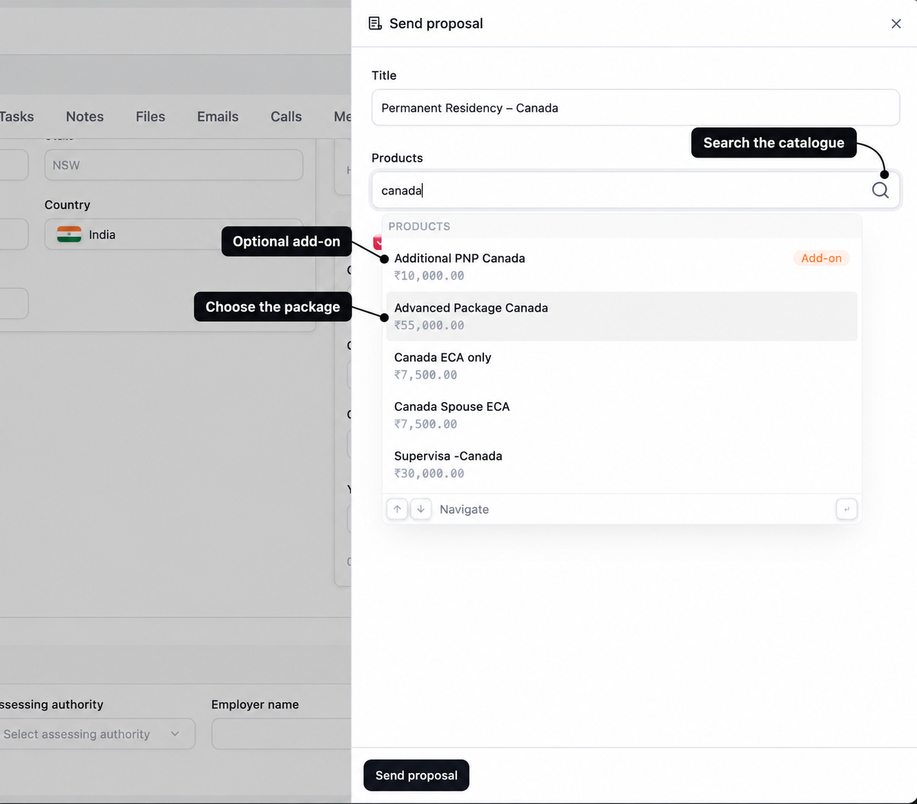 Product search showing labelled catalogue search, the main package, and an optional add-on
