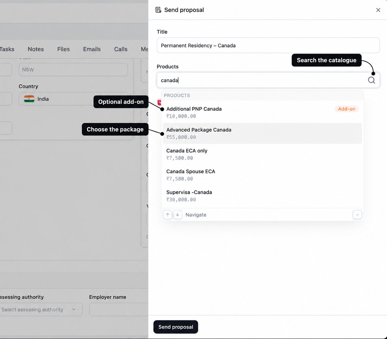 Product search showing labelled catalogue search, the main package, and an optional add-on