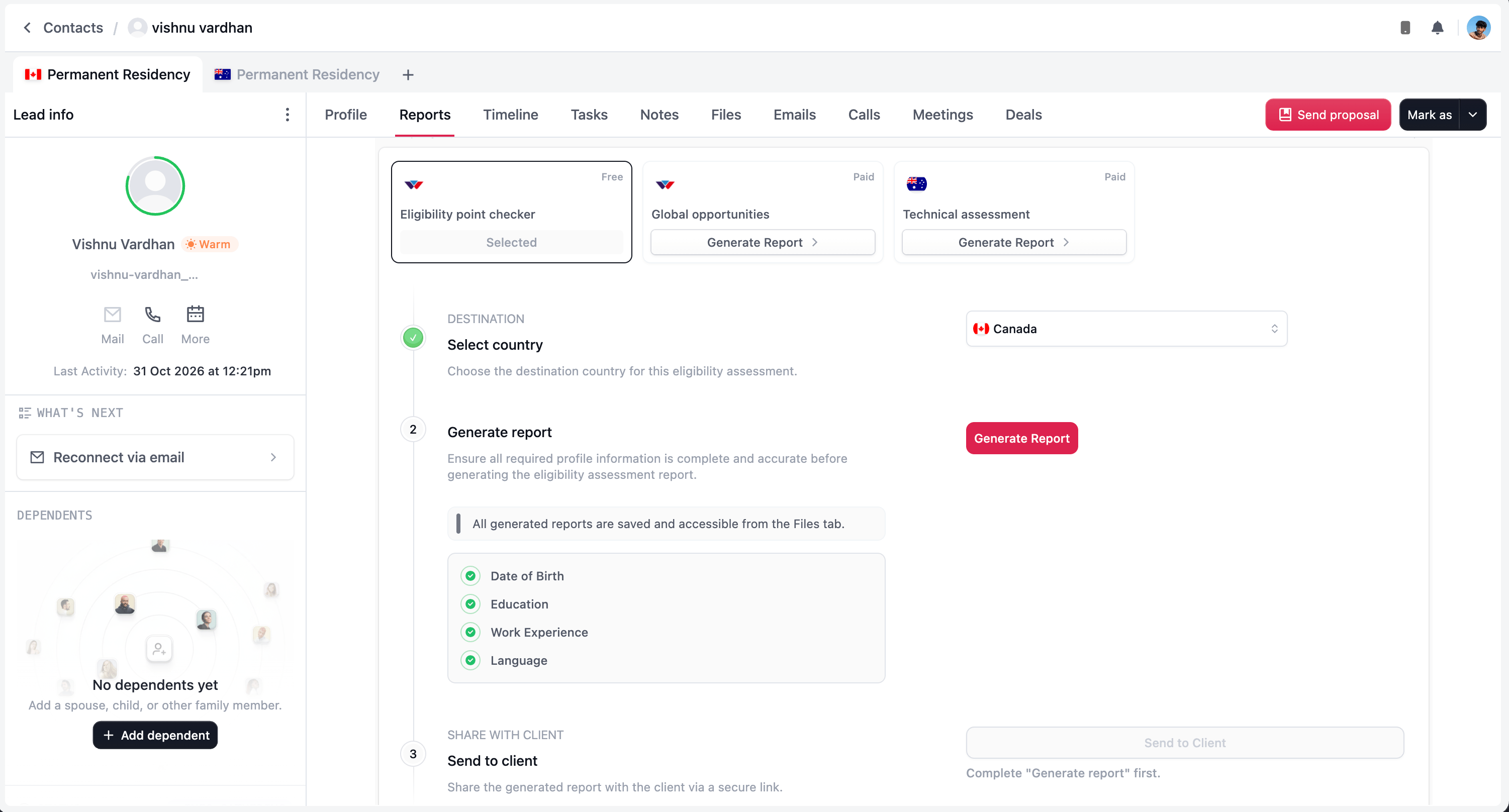 Eligibility report workflow showing country selection, the profile checklist, Generate Report, and the unavailable Send to Client button before generation