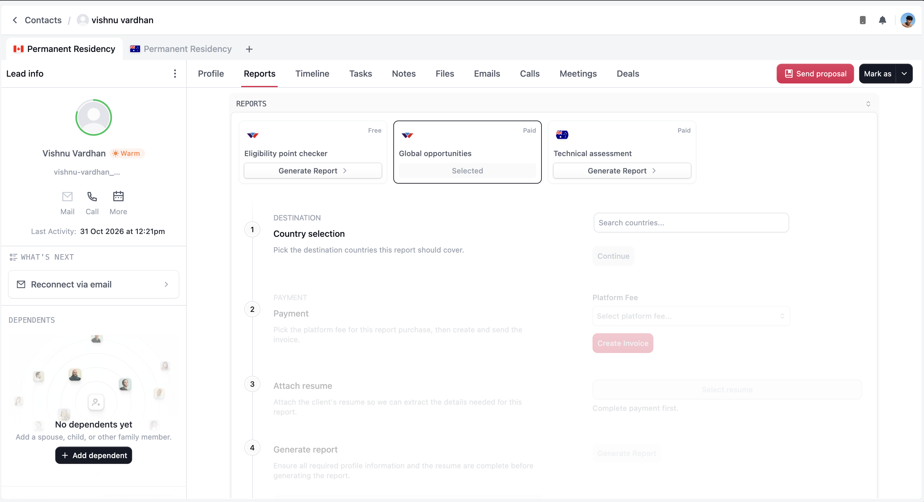 Global opportunities workflow showing country selection followed by payment, résumé attachment, and report generation