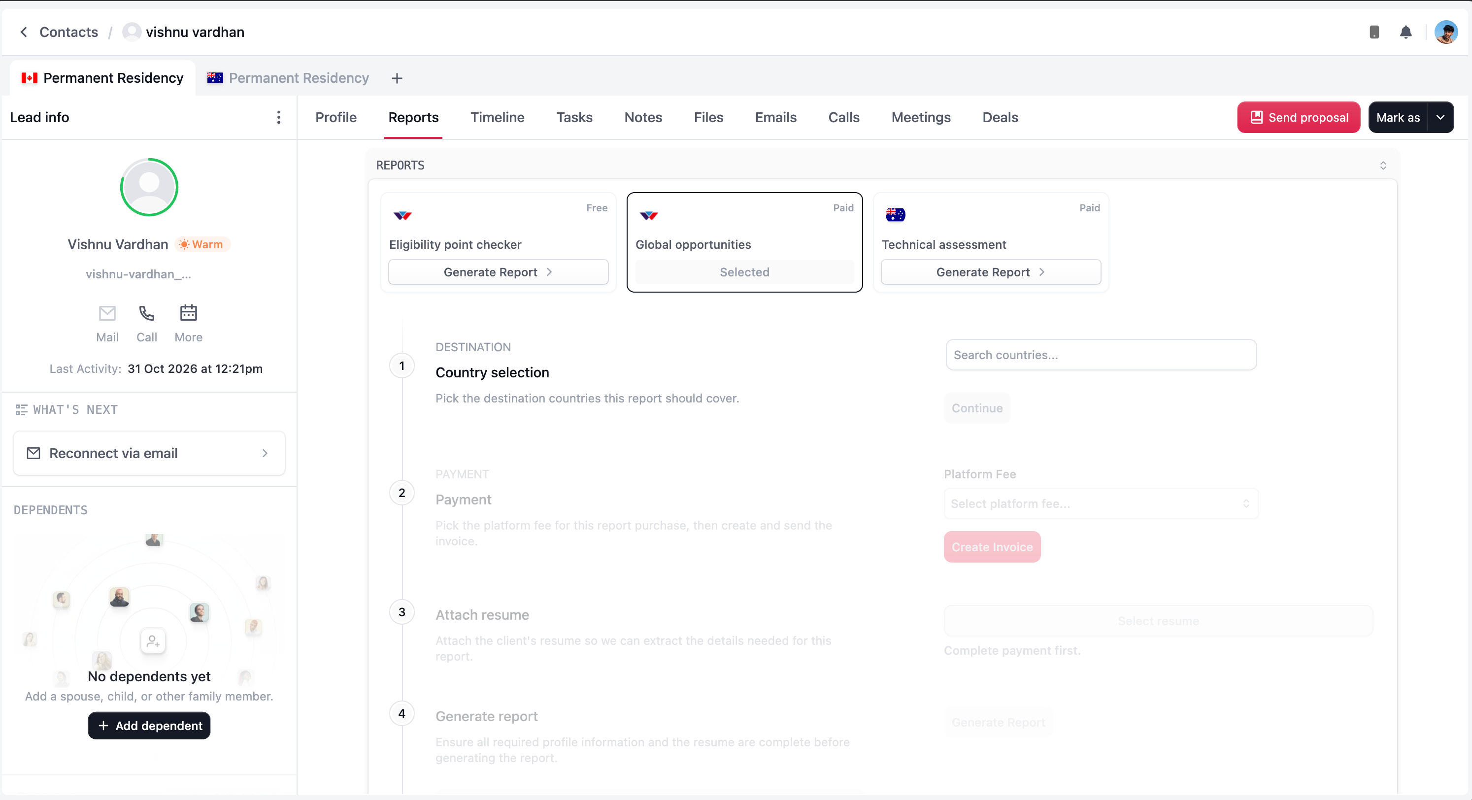 Global opportunities workflow showing country selection followed by payment, résumé attachment, and report generation