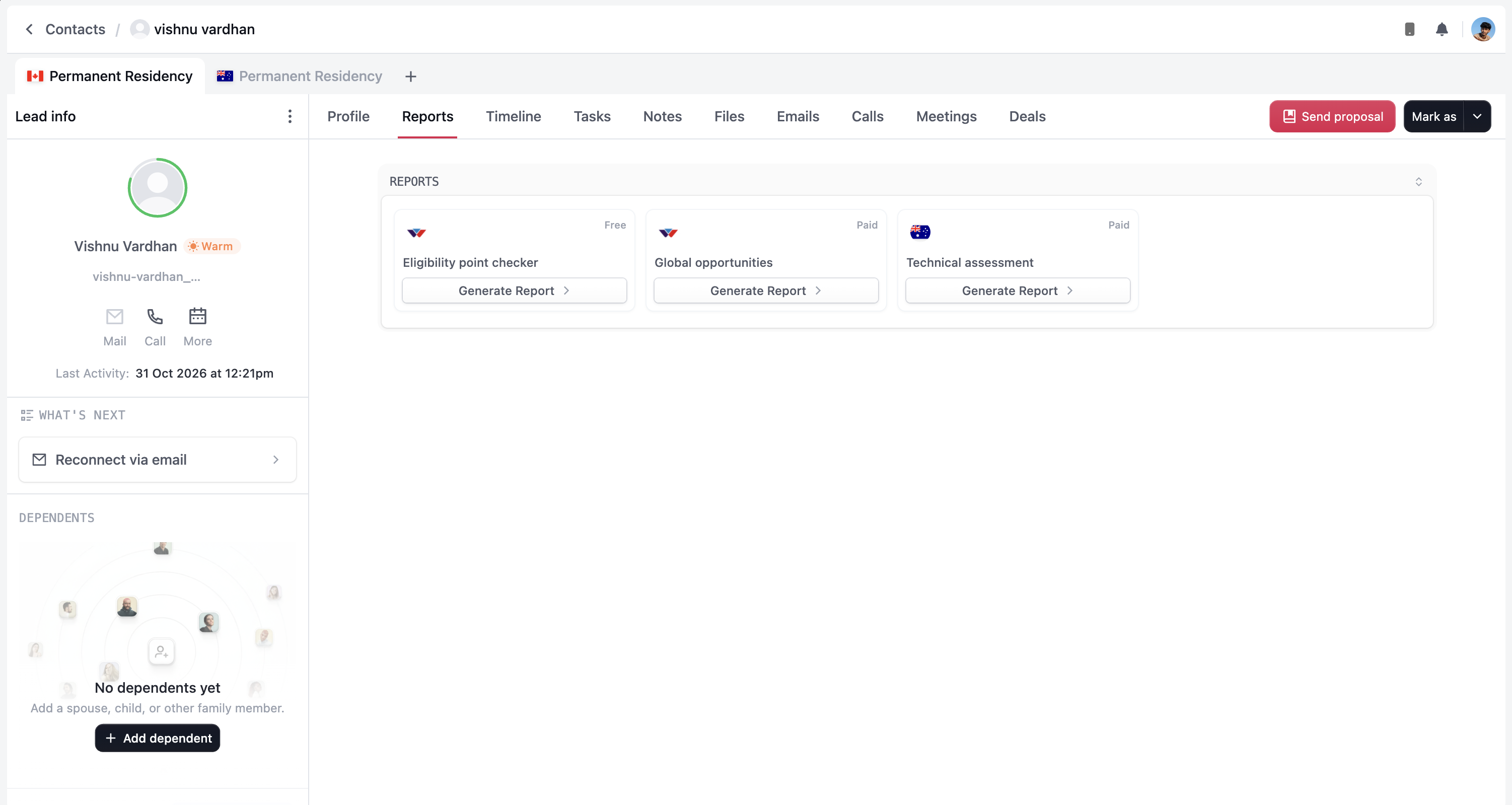Reports tab with the free Eligibility point checker and paid Global opportunities and Technical assessment cards