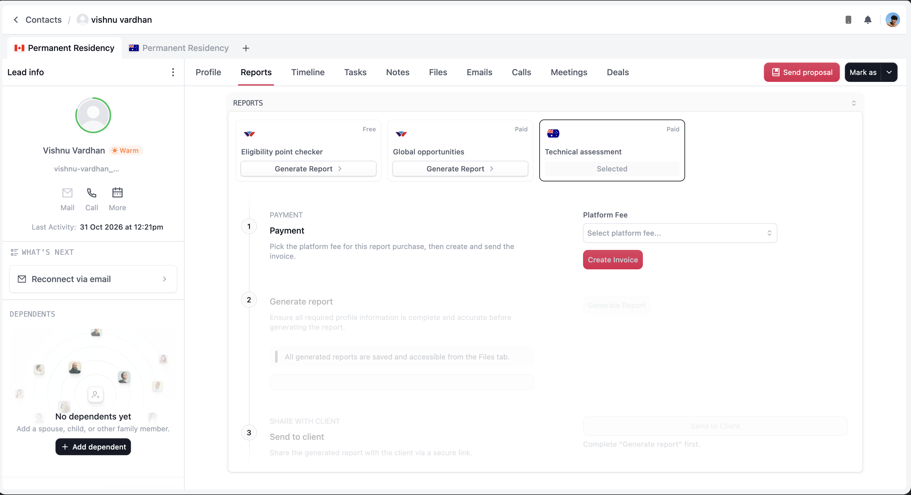 Technical assessment workflow showing the platform fee and invoice step before report generation and sharing