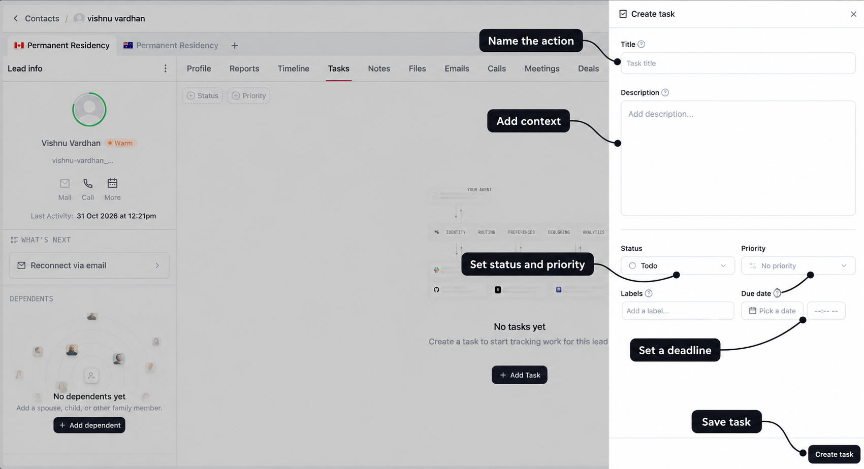Create task drawer with labels for the title, description, status and priority, deadline, and save button