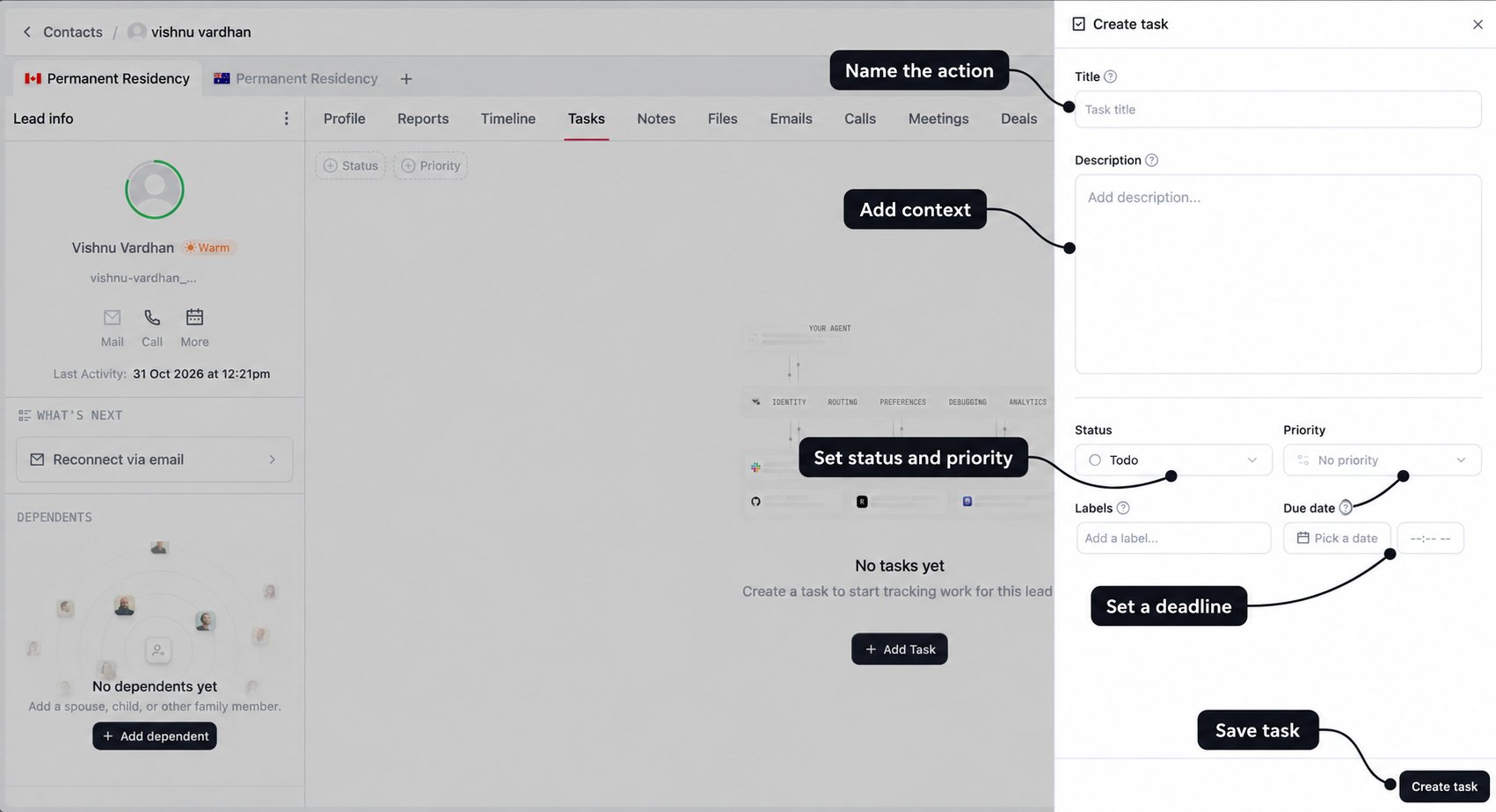 Create task drawer with labels for the title, description, status and priority, deadline, and save button