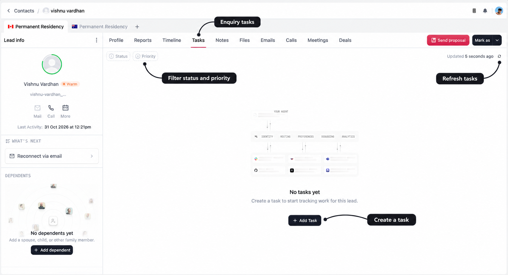 Enquiry Tasks tab with labels for the task view, status and priority filters, refresh control, and Add Task button