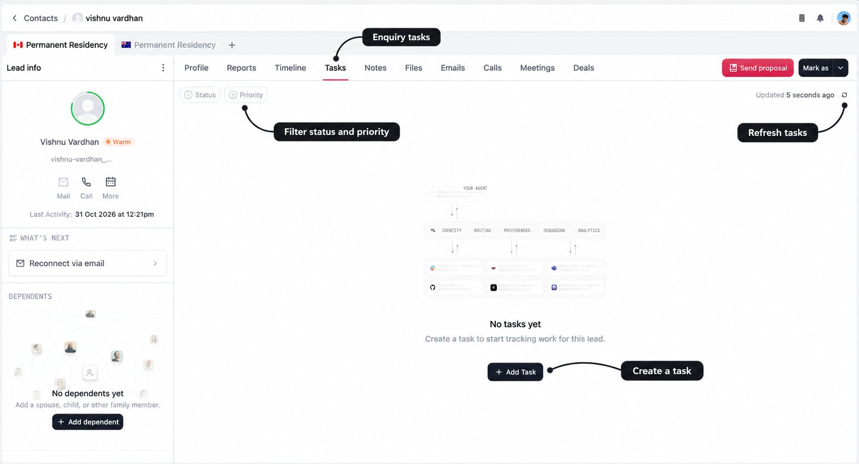 Enquiry Tasks tab with labels for the task view, status and priority filters, refresh control, and Add Task button