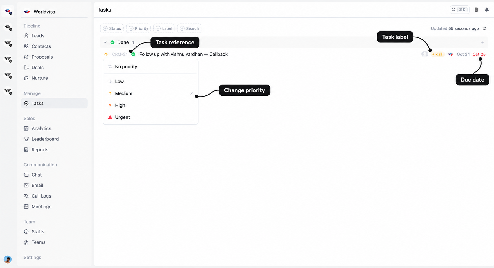 Task priority menu with labels for priority selection, task reference, task label, and due date