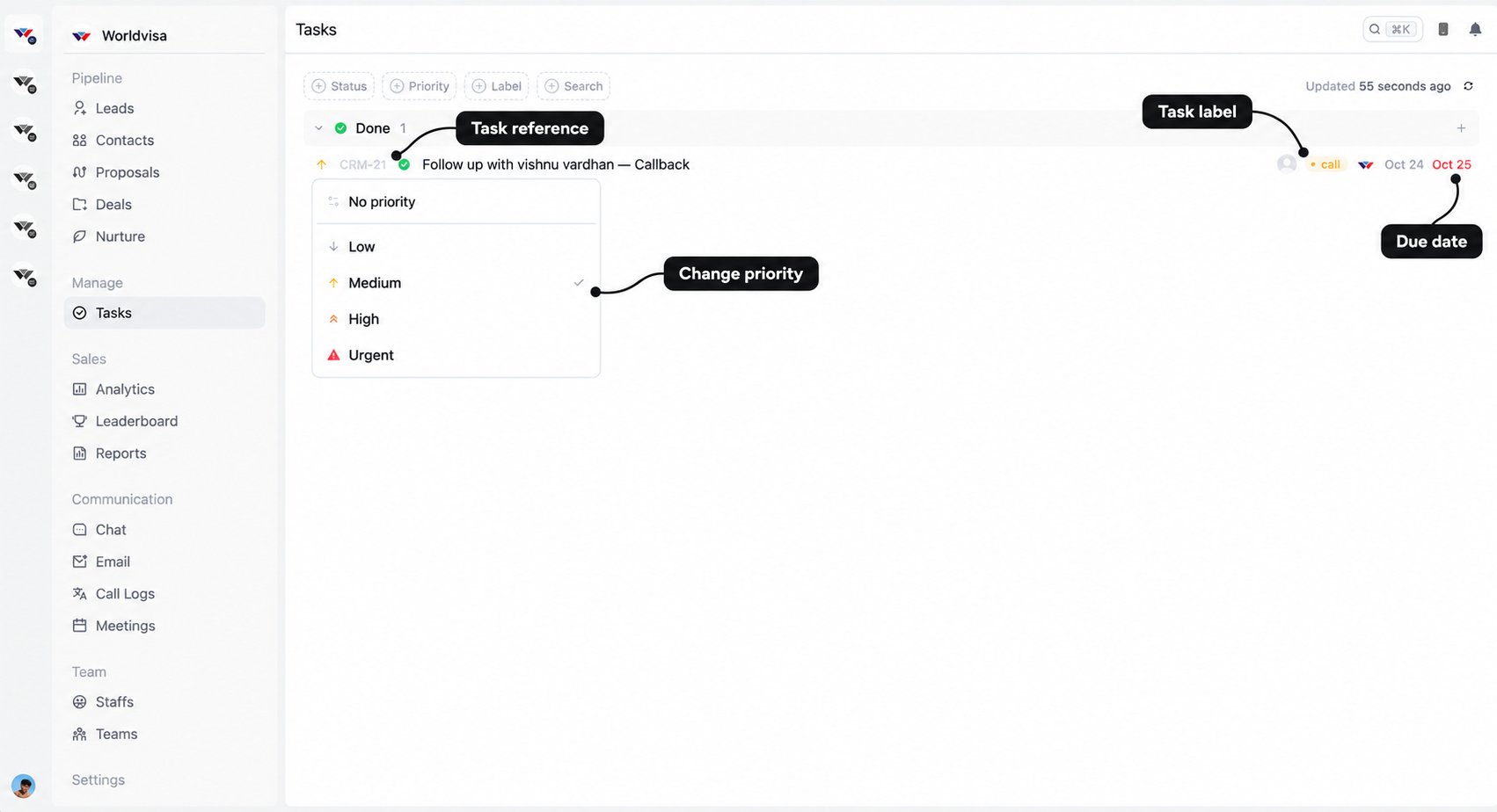 Task priority menu with labels for priority selection, task reference, task label, and due date