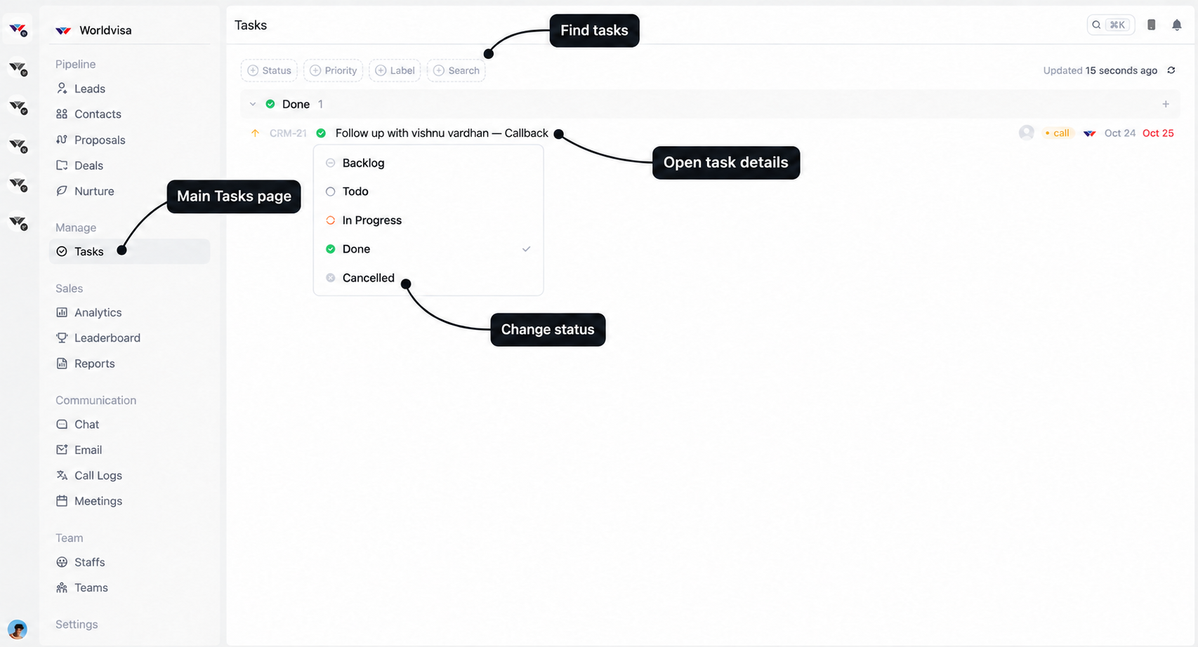 Main Tasks page with labels for sidebar navigation, list filters, status selection, and task details