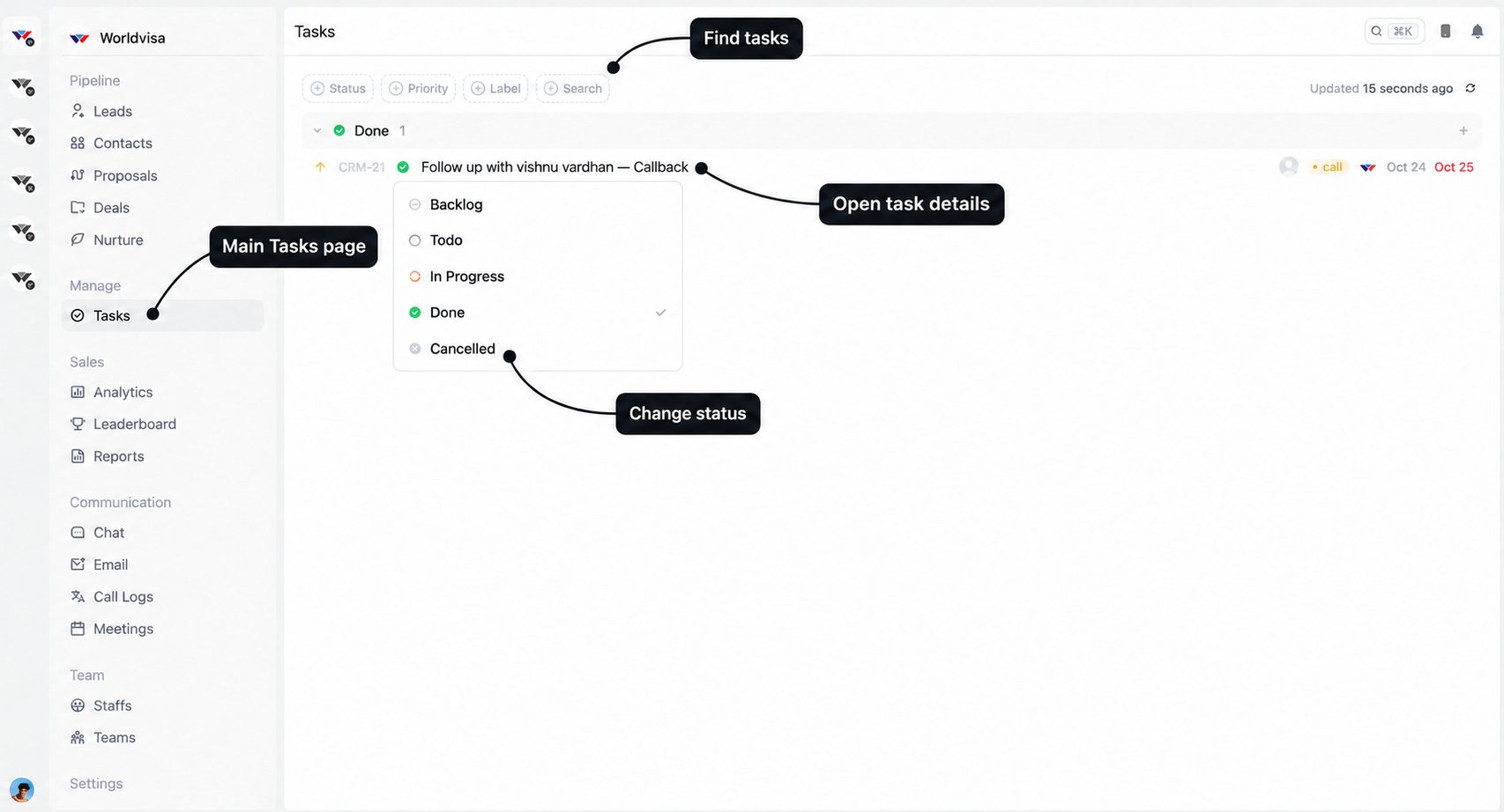 Main Tasks page with labels for sidebar navigation, list filters, status selection, and task details