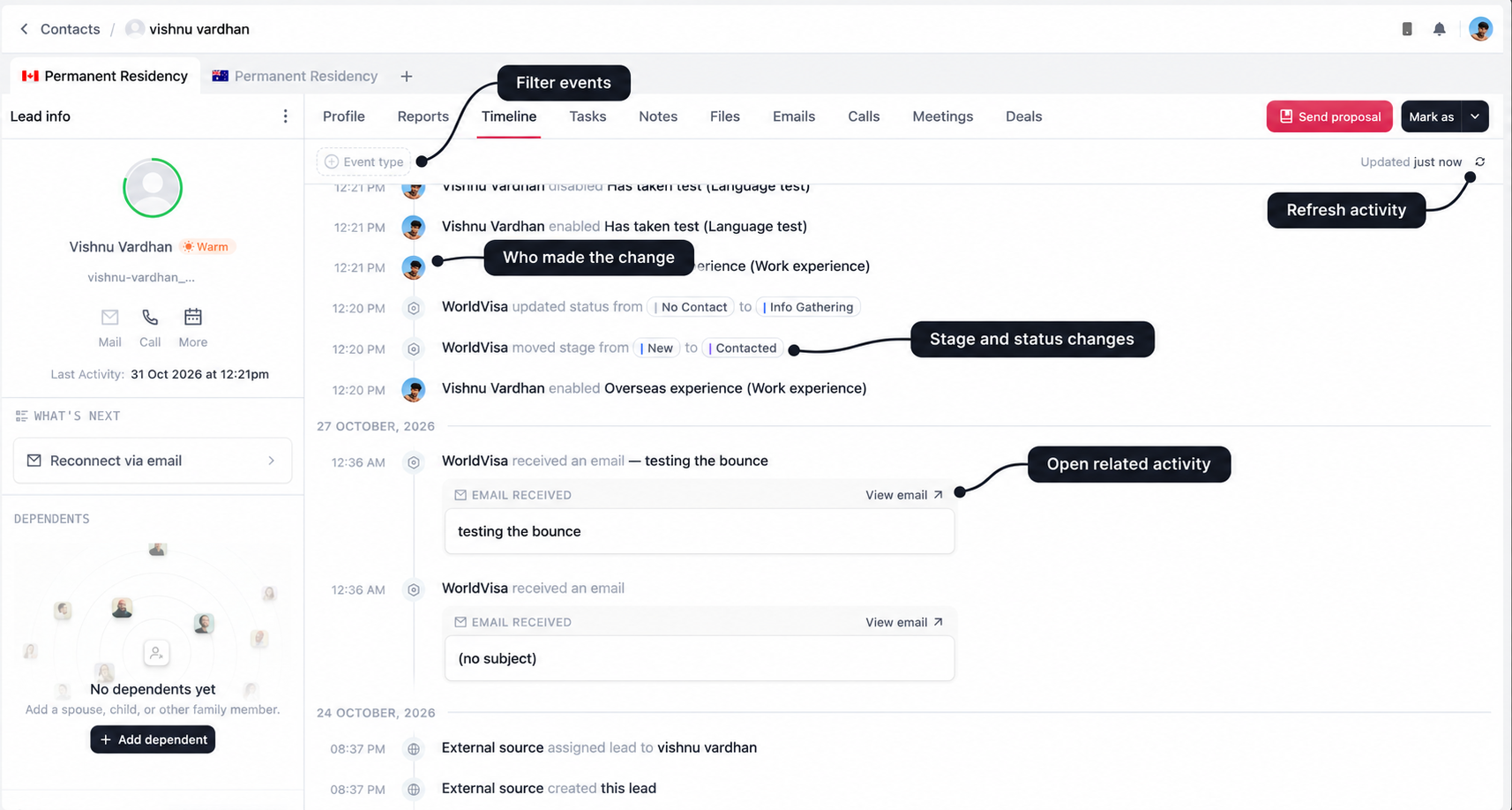 Timeline with labelled event filters, refresh control, activity authors, stage changes, and related activity links