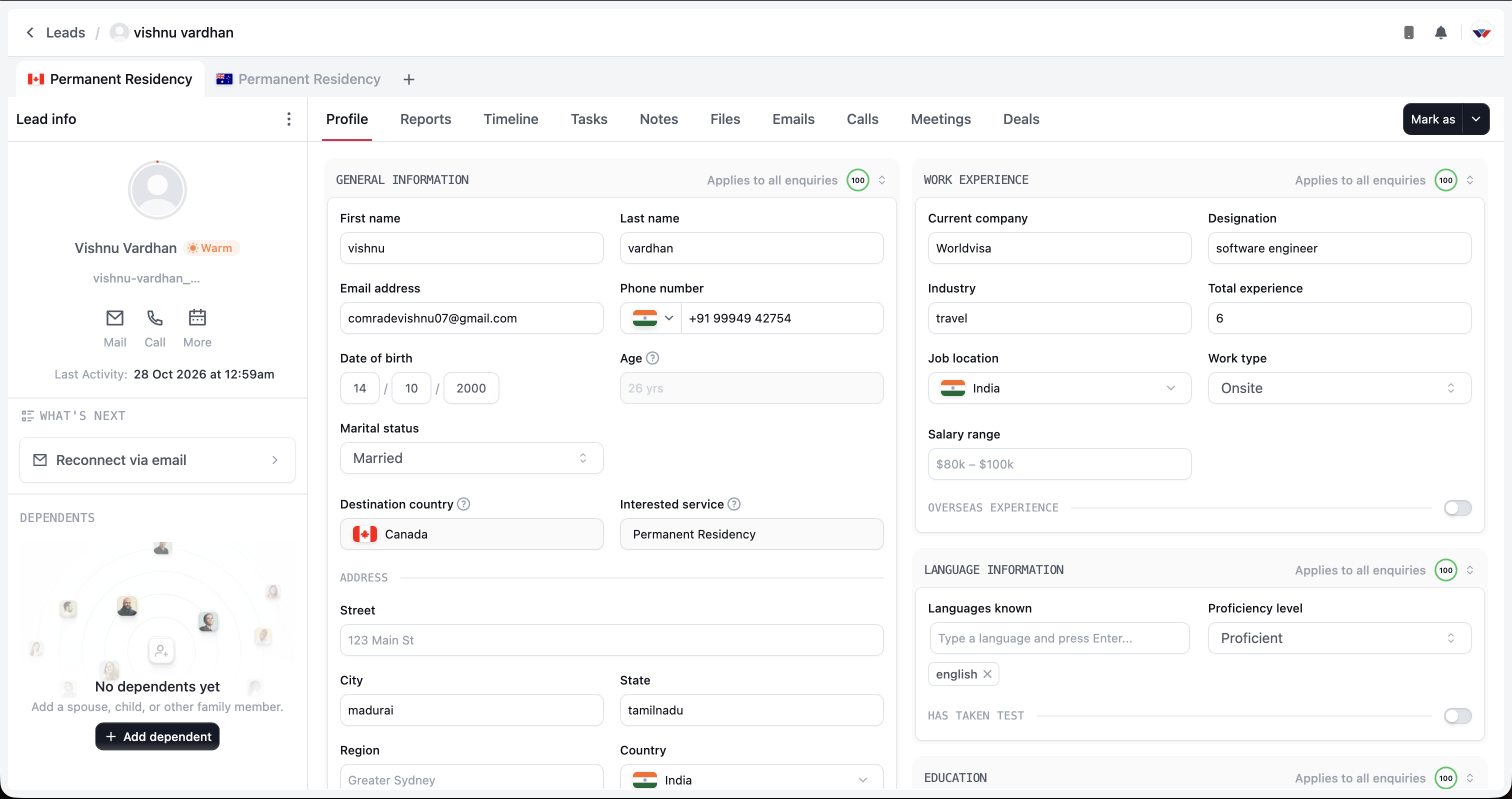 WorldVisa CRM lead workspace showing Canada and Australia enquiry tabs, the Lead info panel, and the Profile tab with personal details and work experience