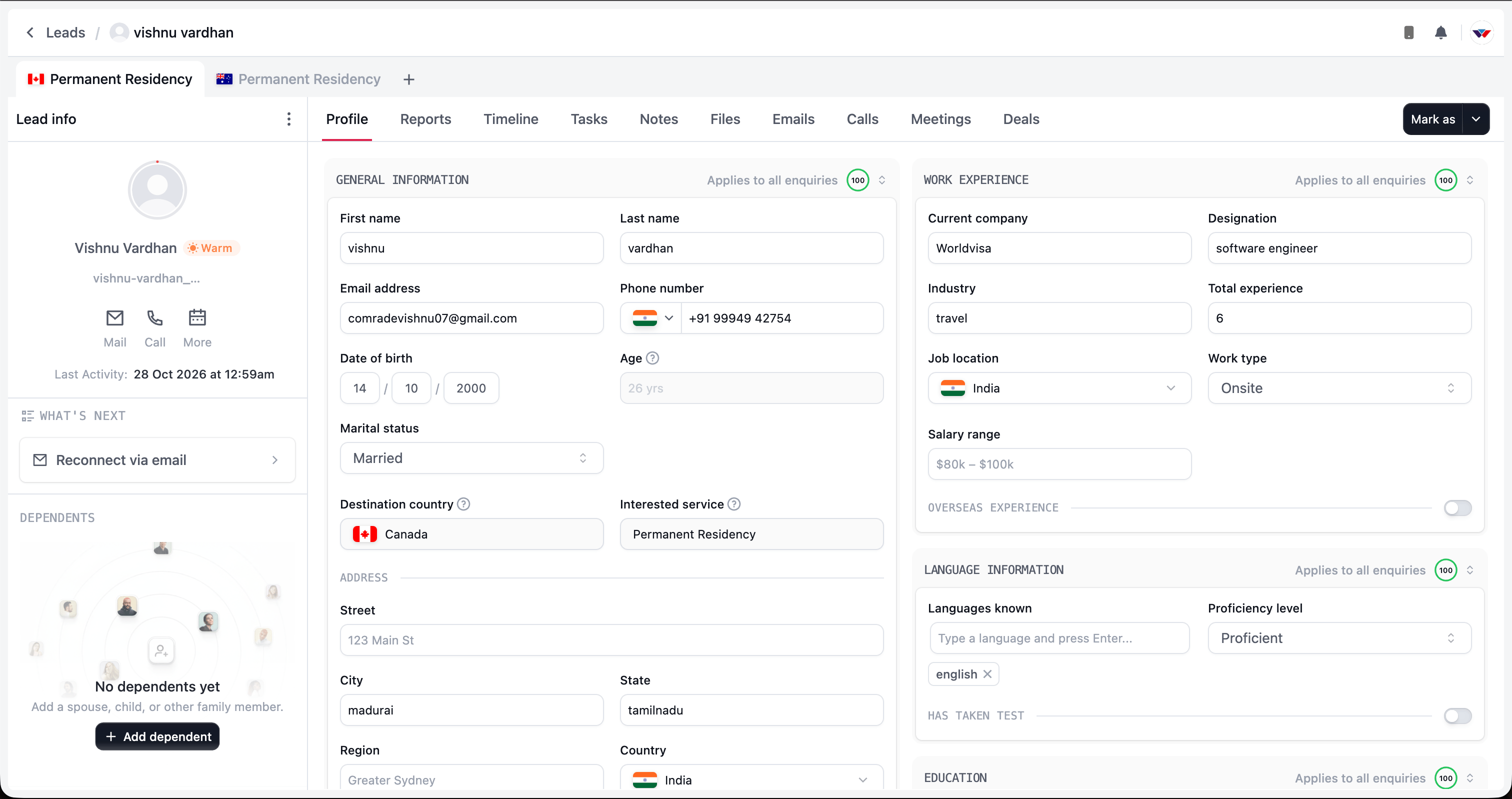 WorldVisa CRM lead workspace showing Canada and Australia enquiry tabs, the Lead info panel, and the Profile tab with personal details and work experience