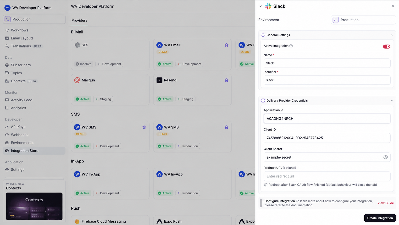 Slack integration settings