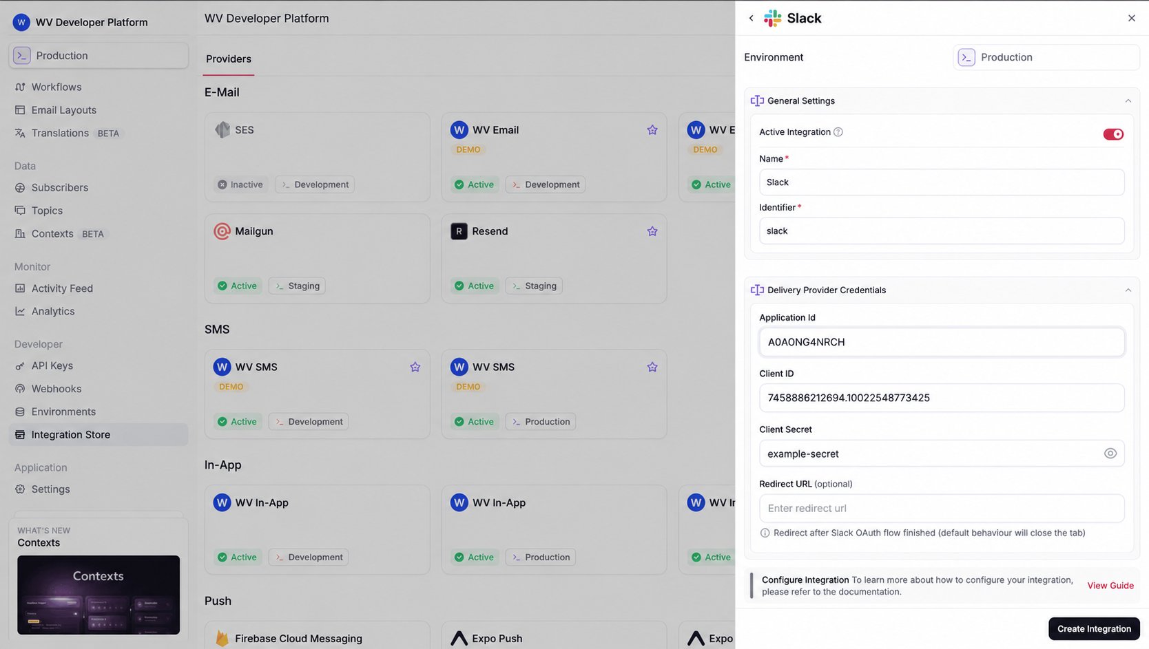 Slack integration settings