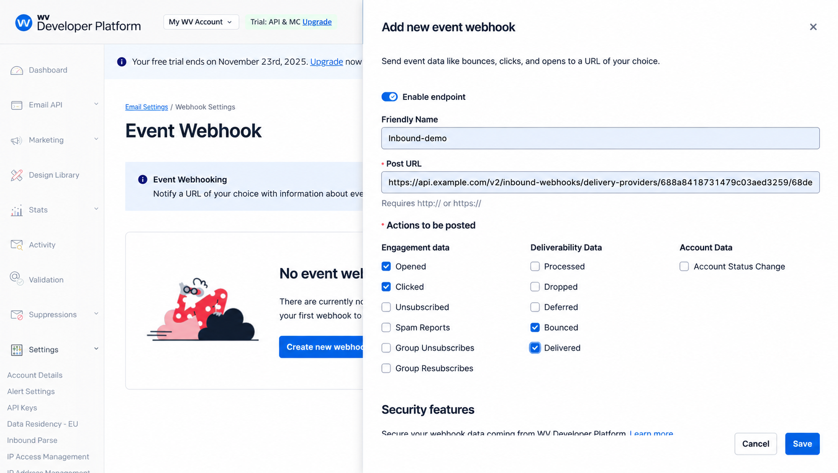 Add new event webhook