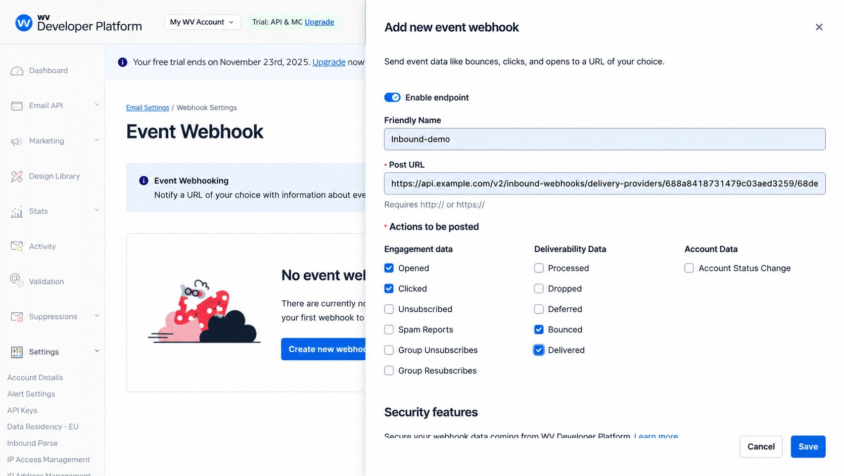 Add new event webhook