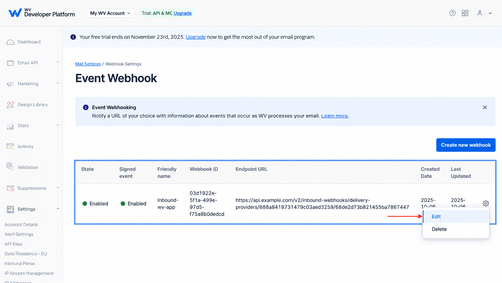 Add new event webhook