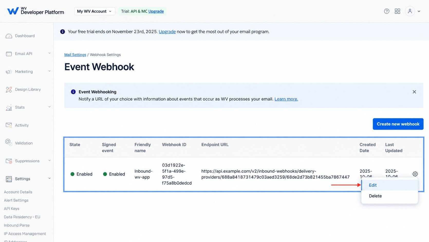 Add new event webhook