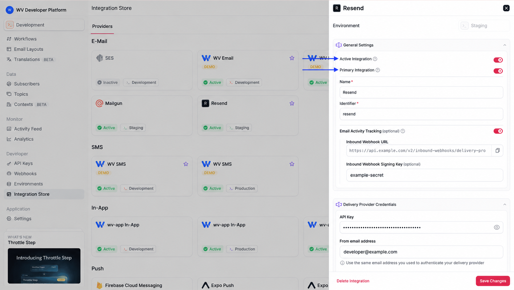 Primary and active integration settings in the WorldVisa Dashboard channel configuration